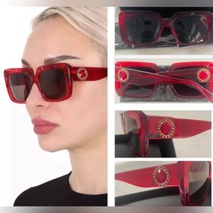 VERSACE RUBY RED SUNGLASSES WITH BOLD GOLD WITH RED CRYSTALS SURROUNDING MEDUSA